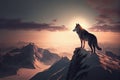 majestic grey wolf atop snowy mountain peak, with the sun rising in the distance