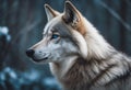 A majestic grey wolf with piercing blue eyes stands gracefully in the snow.
