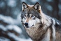 A majestic grey wolf with piercing blue eyes stands gracefully in the snow.
