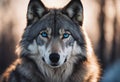 A majestic grey wolf with piercing blue eyes stands gracefully in the snow.