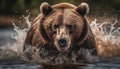 Majestic grizzly bear fishing in rapid water generated by AI