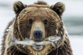 Grizzly bear hunts for salmon in white water river