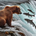 Grizzly bear hunts for salmon in white water river