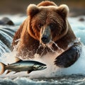 Grizzly bear hunts for salmon in white water river