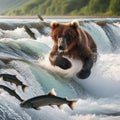 Grizzly bear hunts for salmon in white water river