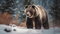 Majestic grizzly bear walking in snowy forest generative AI