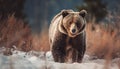 Majestic grizzly bear walking in snowy wilderness generated by AI