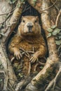 Majestic Groundhog Posing Amidst Twisted Tree Roots and Lush Green Foliage in a Magical Forest Setting Royalty Free Stock Photo