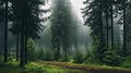 Majestic Grove With Deciduous Trees And Firs In Rainy Weather