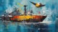 Acrylic Painting Of Bird Over Ship In Urban Impressionism Style Royalty Free Stock Photo