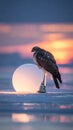 Majestic Hawk Perched on Illuminated Sphere at Sunset Royalty Free Stock Photo