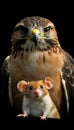 Majestic Hawk and Tiny Mouse Predators and Prey, A Stunning Portrait on Black Background Royalty Free Stock Photo