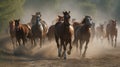 Majestic Herd of Horses Running on Dusty Country Trail in the morning Royalty Free Stock Photo