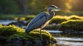 Majestic Great Blue Heron Perched Peacefully on Mossy Rock at Beautiful Sunset Royalty Free Stock Photo