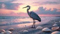 A Solitary Great Blue Heron Standing on a Sandy Beach at Sunset Royalty Free Stock Photo
