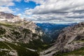 Majestic high mountain view of Dolomites mountain when hiking aroud Tre Cime trail, Italy Royalty Free Stock Photo