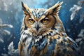 Majestic horned owl in winter with beautiful big yellow eyes and ice blue feathers. ai generative