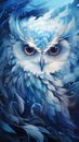 Majestic horned winter owl with beautiful big eyes and ice blue feathers - generative AI