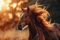 Majestic Horse with Flowing Mane at Sunset, AI Generated