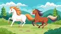 A majestic horse and a playful pony gallop through a virtual meadow neighing and whinnying as they race to see whos
