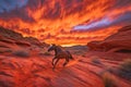 majestic horse running through fiery canyon sunset