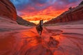 majestic horse running through fiery canyon sunset