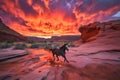 majestic horse running through fiery canyon sunset