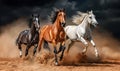 Majestic horses galloping through sandy terrain with dramatic clouds in background
