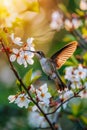 Majestic Hummingbird Feeding on Nectar from Blossoming Cherry Branches in Golden Hour Light