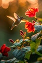 Majestic Hummingbird Hovering Near Vibrant Red Flowers with Sunlit Bokeh Background