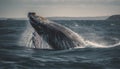 Majestic humpback breaches, spraying water, in idyllic seascape