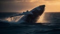 Majestic humpback whale breaches in awe inspiring sunset seascape generated by AI