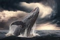 A majestic humpback whale breaching out of the water, with a stormy sky in the background Generative AI Royalty Free Stock Photo