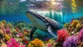 Majestic Humpback Whale Gracefully Swimming in a Vibrant Coral Reef - Generative Ai Royalty Free Stock Photo