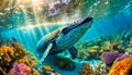 Majestic Humpback Whale Gracefully Swimming in a Vibrant Coral Reef - Generative Ai Royalty Free Stock Photo