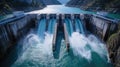 a majestic hydroelectric dam towering against the backdrop of cascading water, highlighting its capacity to harness the