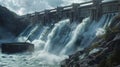 a majestic hydroelectric dam towering against the backdrop of cascading water, highlighting its capacity to harness the