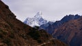 Majestic ice-capped mountain Ama Dablam with footpath in foreground on Everest Base Camp Trek near Namche Bazar, Nepal.
