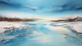 Majestic Ice Water Landscape Painting On Canvas In Light Blue And Beige