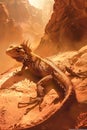 Majestic Iguana Basking in Sunlight on Red Sand with Rocky Canyon Background, Exotic Wildlife in Arid Desert Environment
