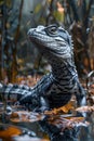 Majestic Iguana Posing on Forest Floor Surrounded by Autumn Leaves in a Moody Natural Setting