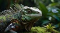 a majestic iguana rests upon a mossy rock