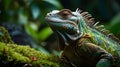 a majestic iguana rests upon a mossy rock