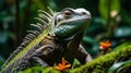 a majestic iguana rests upon a mossy rock