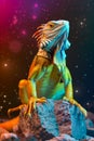 Majestic Iguana on a Rock Against Colorful Space Background with Bright Stars Conceptual Art Portrait