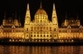 View from the middle of the Danube River at the majestic illuminated Gothic building of the Hungarian Parliament at night