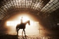 Majestic image of horse horse silhouette with rider on sunset background. The girl jockey on the back of a stallion Royalty Free Stock Photo