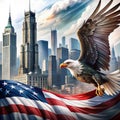 Eagle on the background of the United States flag and the city