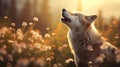 Majestic image of a wolf howling in a field of wildflowers