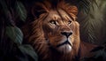 majestic and imposing lion and leafs ,generative AI